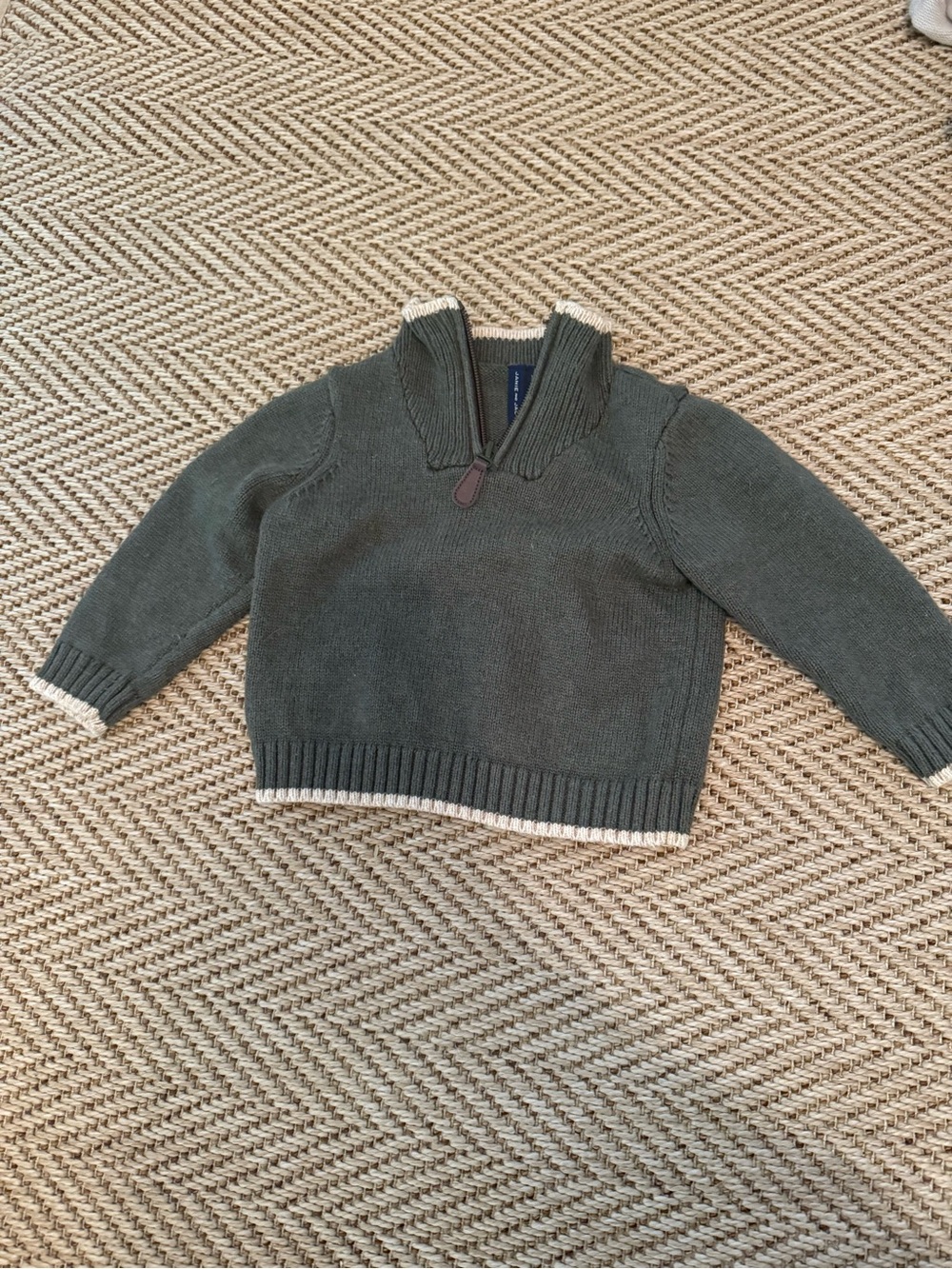 Janie and Jack Olive Green Zip-Neck Pullover with Cream Trim